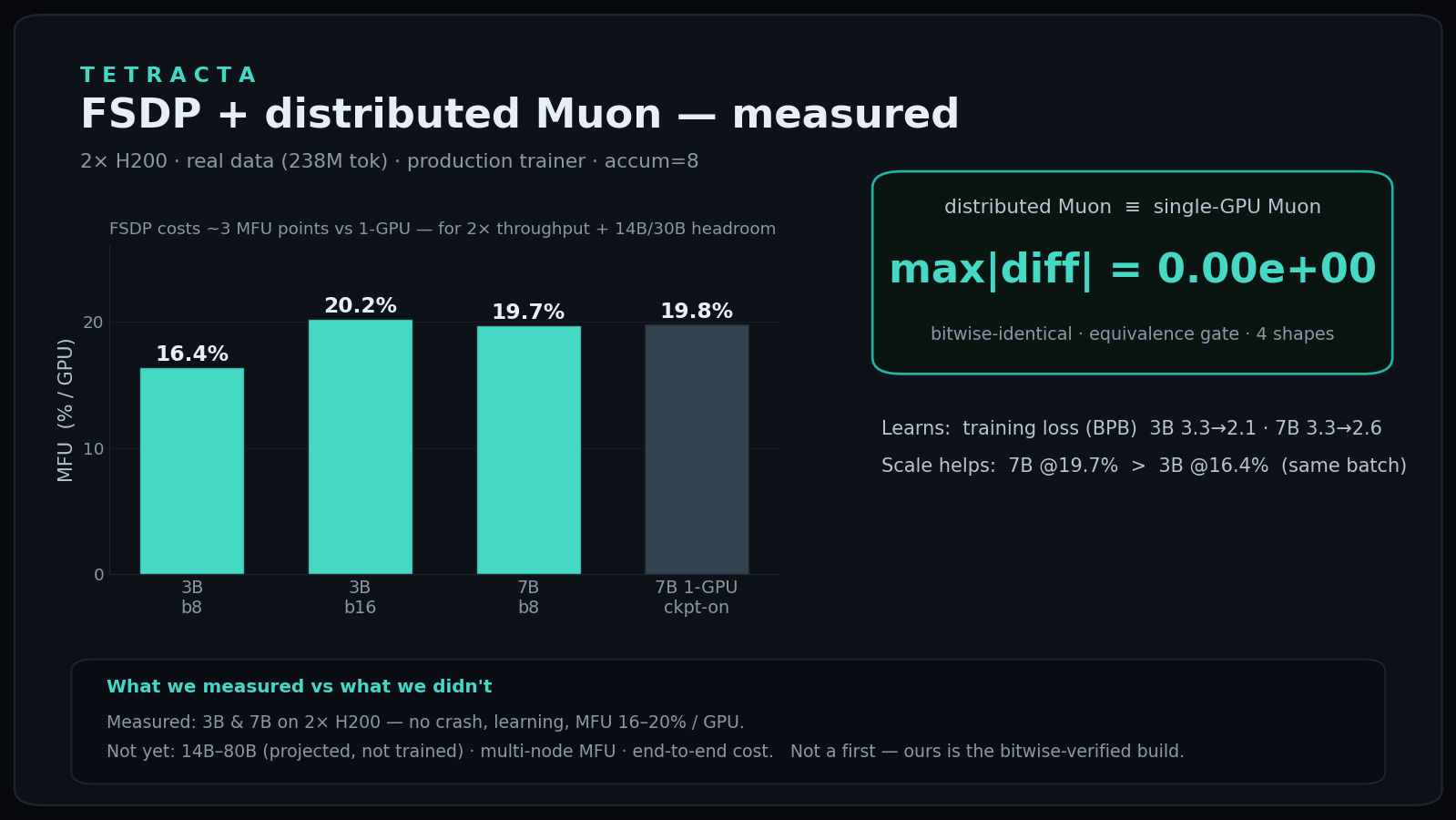FSDP + distributed Muon, measured on 2x H200: distributed Muon update bitwise-identical to single-GPU Muon (max|diff|=0); MFU 16-20% per GPU across 3B and 7B; 14B-80B projected, not trained.